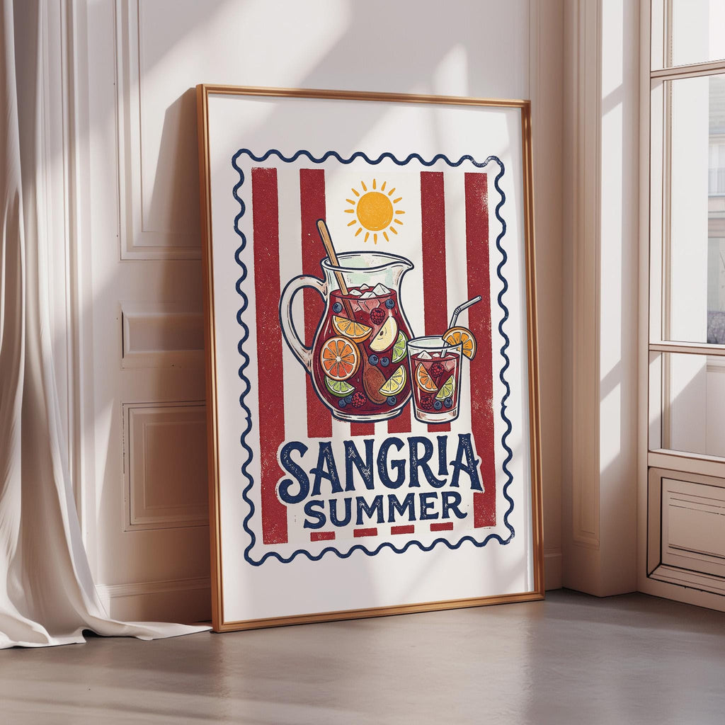 A framed poster with a vibrant illustration of a pitcher filled with a refreshing drink, surrounded by various fruits and a sun, promoting the concept of "Sangria Summer".