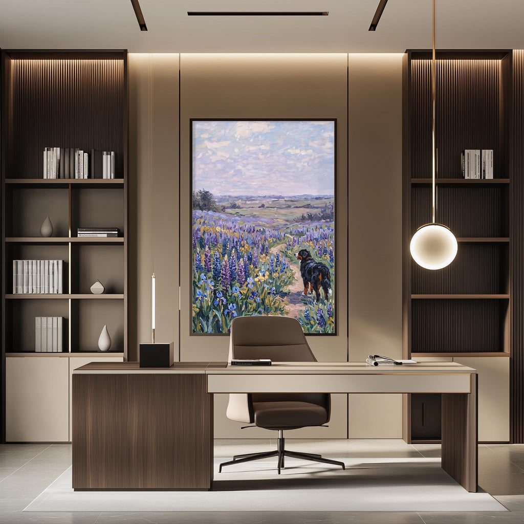 a modern office space with a large painting of a field of flowers hanging on the wall. The painting is framed in black and is positioned above a wooden desk with a chair. The desk is situated in front of a bookshelf, which is filled with various books and decorative items. The overall design of the office space is sleek and contemporary, with a focus on natural elements and a harmonious color palette.