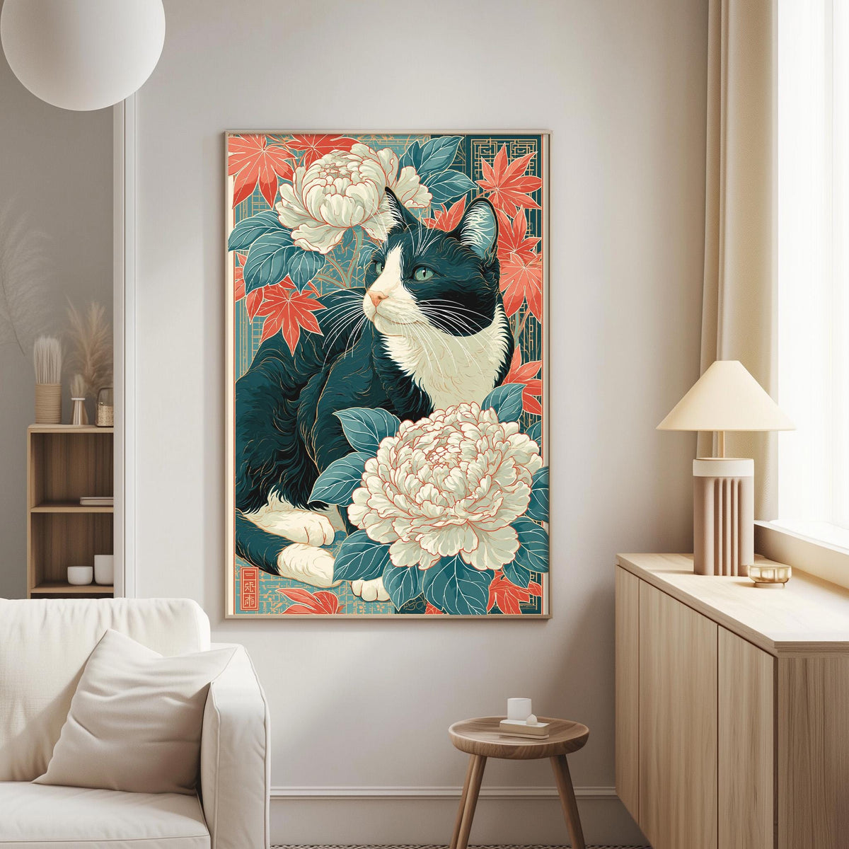 a large, colorful painting of a cat surrounded by flowers and leaves, hanging on a wall in a living room.
