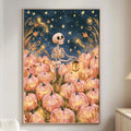 a living room with a large framed artwork hanging on the wall depicting a skeleton holding a lantern amidst a field of pumpkins.