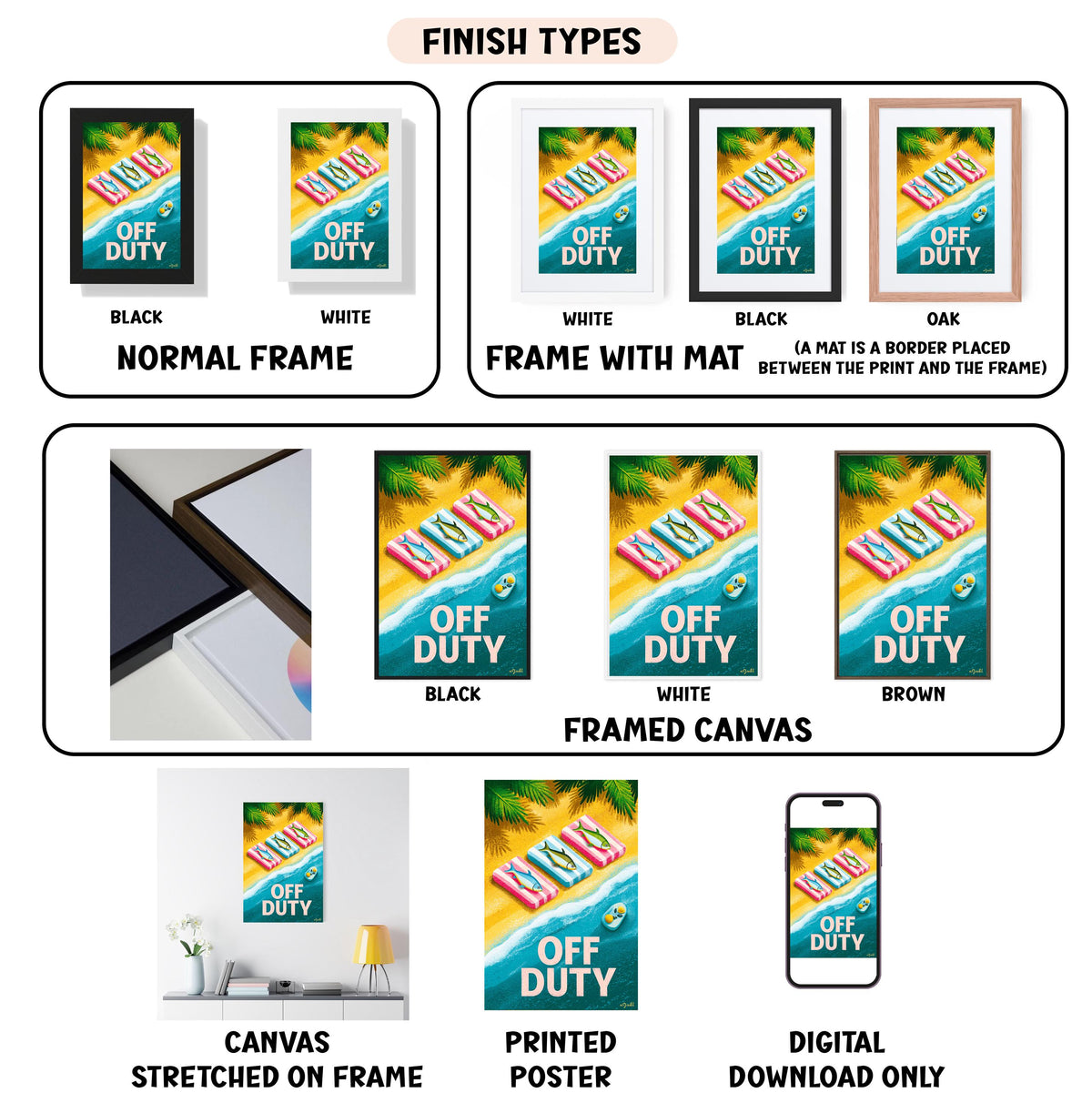 various finish types for a canvas print, including a black and white normal frame, a white frame with a mat, a black frame, a white framed canvas, a framed canvas, a stretched canvas, a printed poster, and a digital download only.