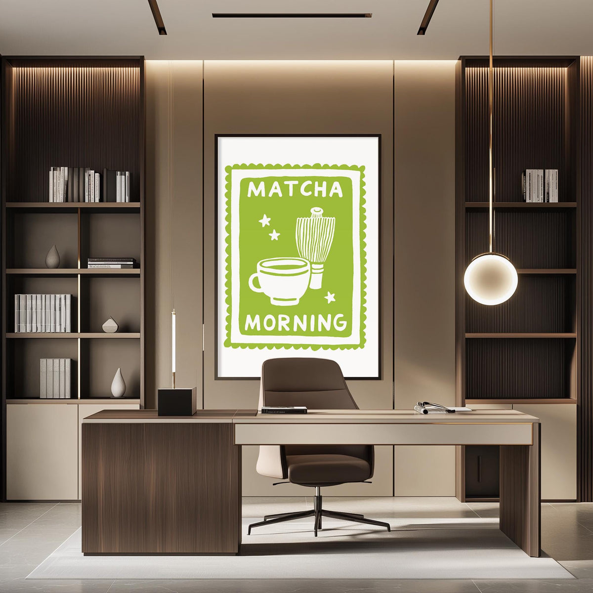 a modern office space with a desk, chair, and shelving units. A large framed poster with the text "MATCHA MORNING" is displayed on the wall above the desk.