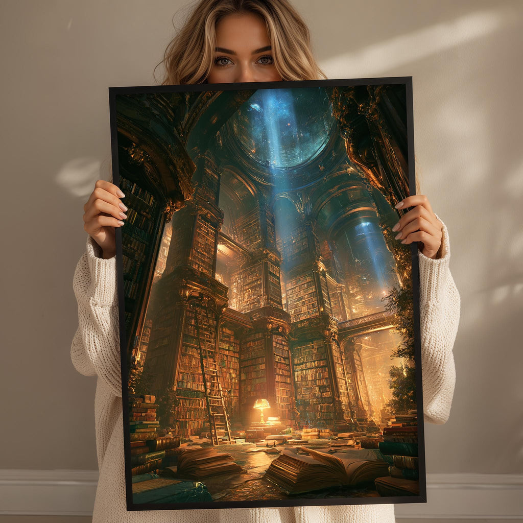 A woman holds up a framed image depicting a fantastical, ancient library with towering bookshelves, a grand archway, and a glowing blue light at the center.