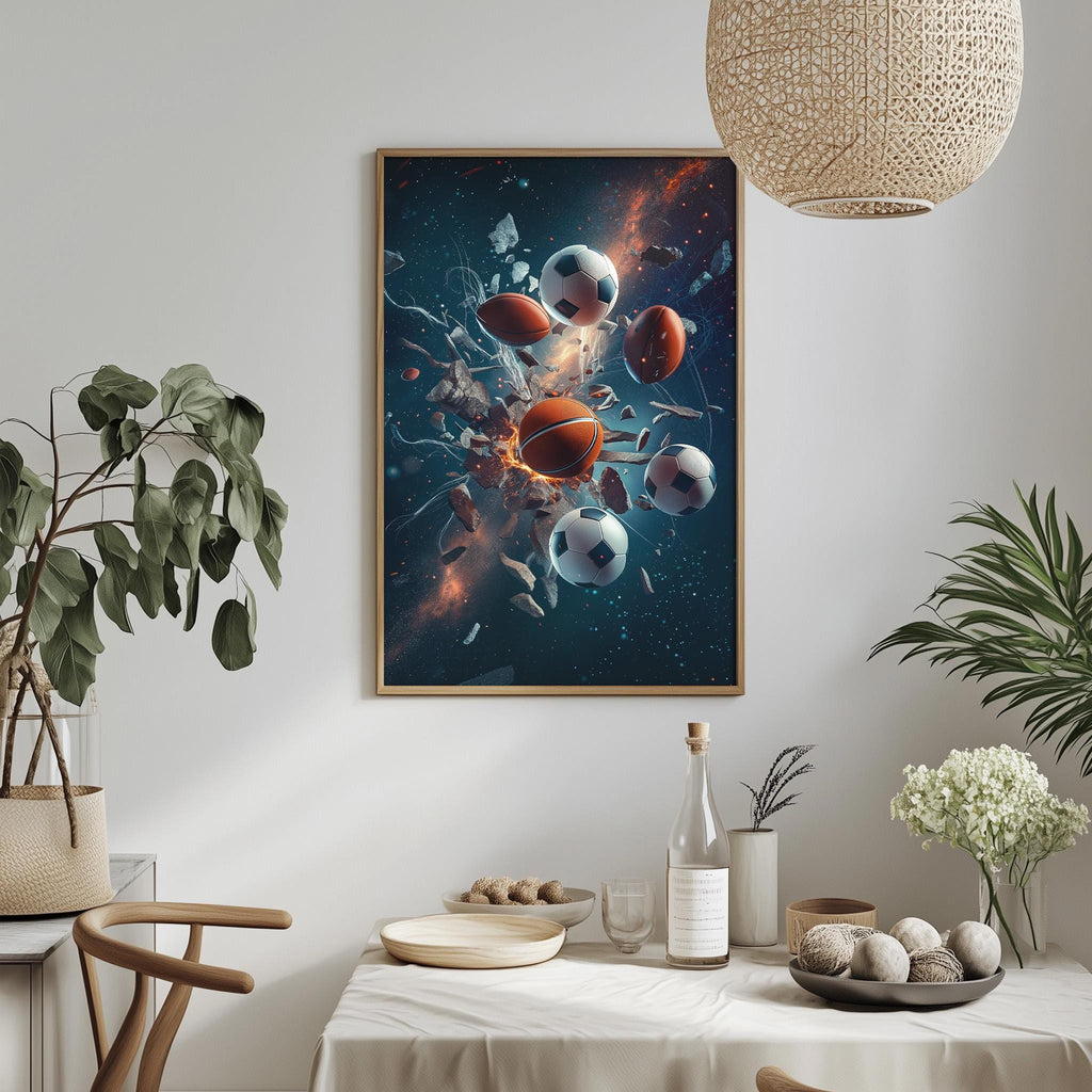 a framed artwork depicting a vibrant scene with a mix of sports balls, including soccer balls and basketballs, set against a cosmic backdrop. The artwork is hung on a wall above a dining table, which is adorned with various decorative items such as potted plants, vases, and bowls.