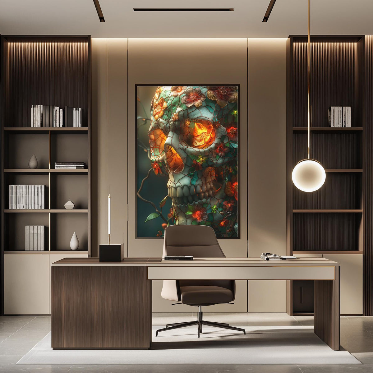 a modern office space with a large framed artwork of a colorful skull on the wall. The desk has a chair in front of it, and there are shelves and cabinets lining the walls.