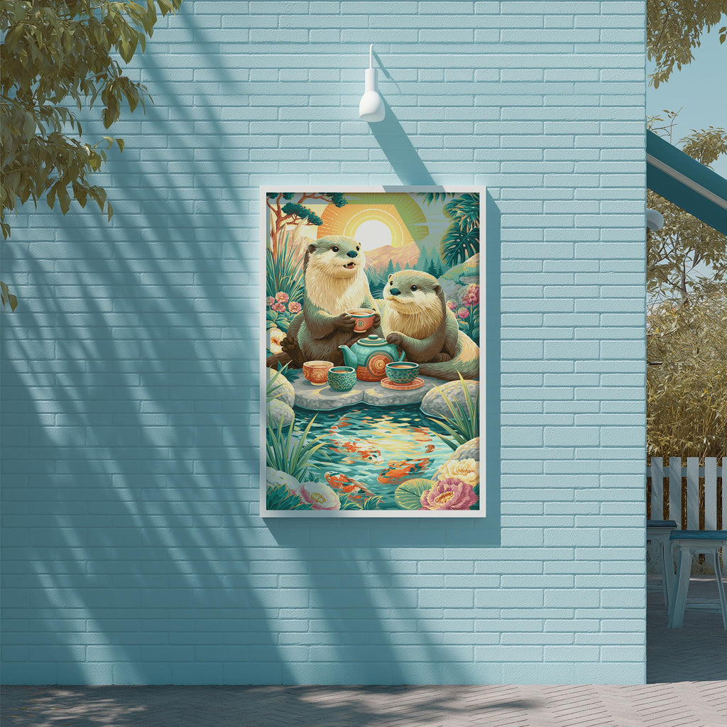 A framed painting depicting two otters sitting at a table with tea and food, surrounded by a serene garden scene with a pond and flowers.