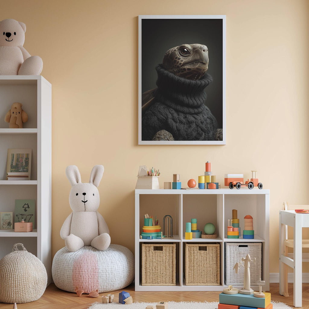 A cozy children's room with a large stuffed rabbit, a framed picture of a turtle, and a toy train on a shelf.