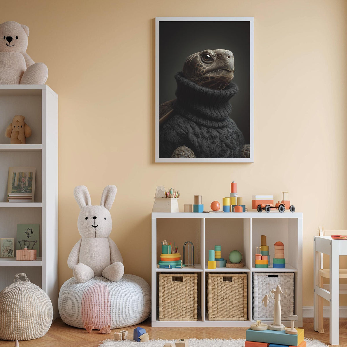 A cozy children's room with a large stuffed rabbit, a framed picture of a turtle, and a toy train on a shelf.