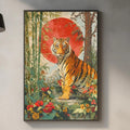 a kitchen counter with a framed painting of a tiger on the wall above it. The painting depicts a tiger surrounded by a lush, colorful garden scene.