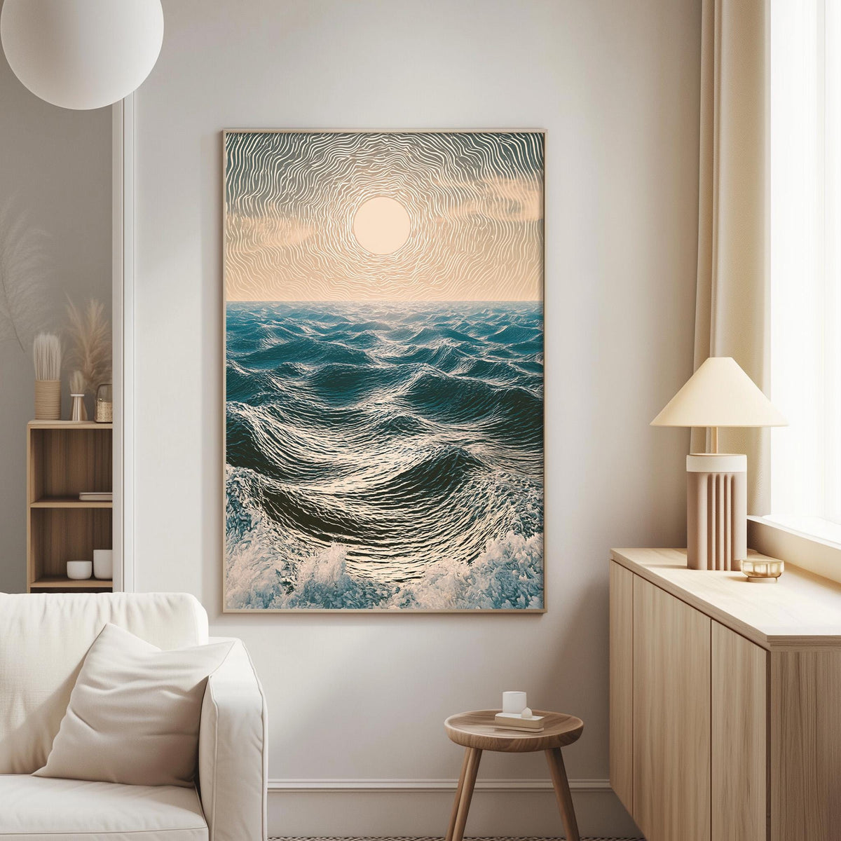 a serene living room with a large framed picture of a tranquil ocean scene hanging on the wall, featuring a large sun and waves.