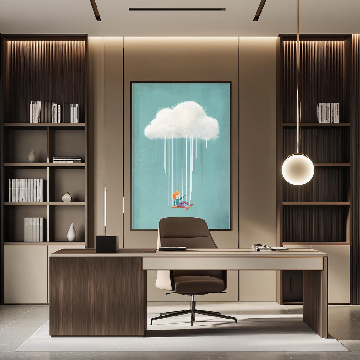 a modern and minimalist office space with a large framed artwork of a cloud on the wall, a wooden desk with a chair, and built-in bookshelves.