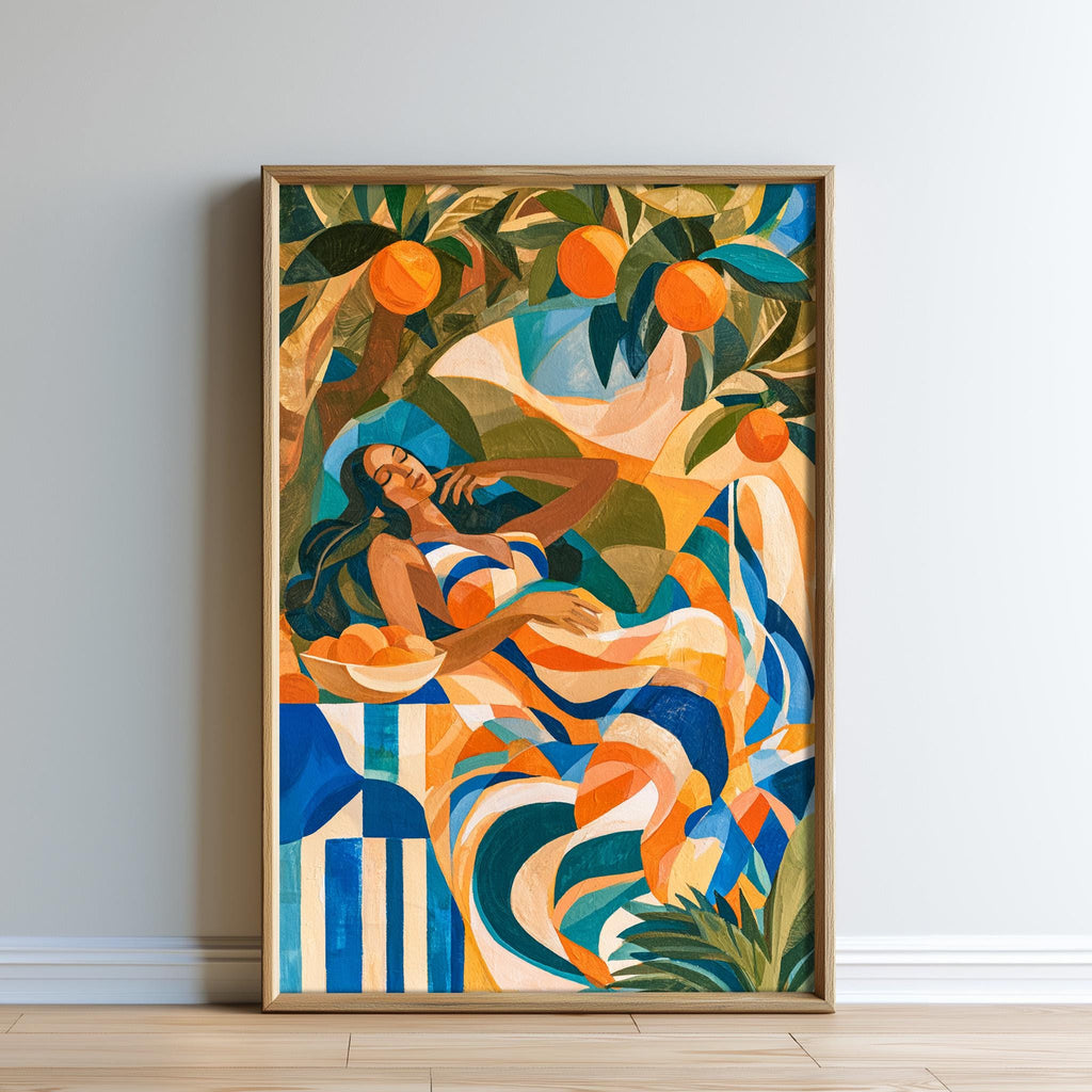The image is a vibrant, abstract painting featuring a woman in a flowing dress surrounded by a colorful, organic composition of orange and green hues.