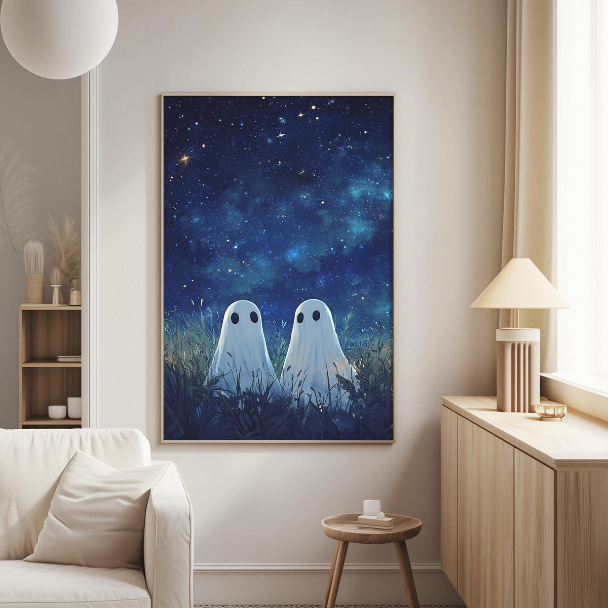 a cozy living room with a large framed poster of two ghostly figures gazing up at a starry night sky. The poster is hung on the wall above a white couch, and a small table is positioned next to it. The room has a warm, inviting atmosphere with a lamp and a window providing natural light.