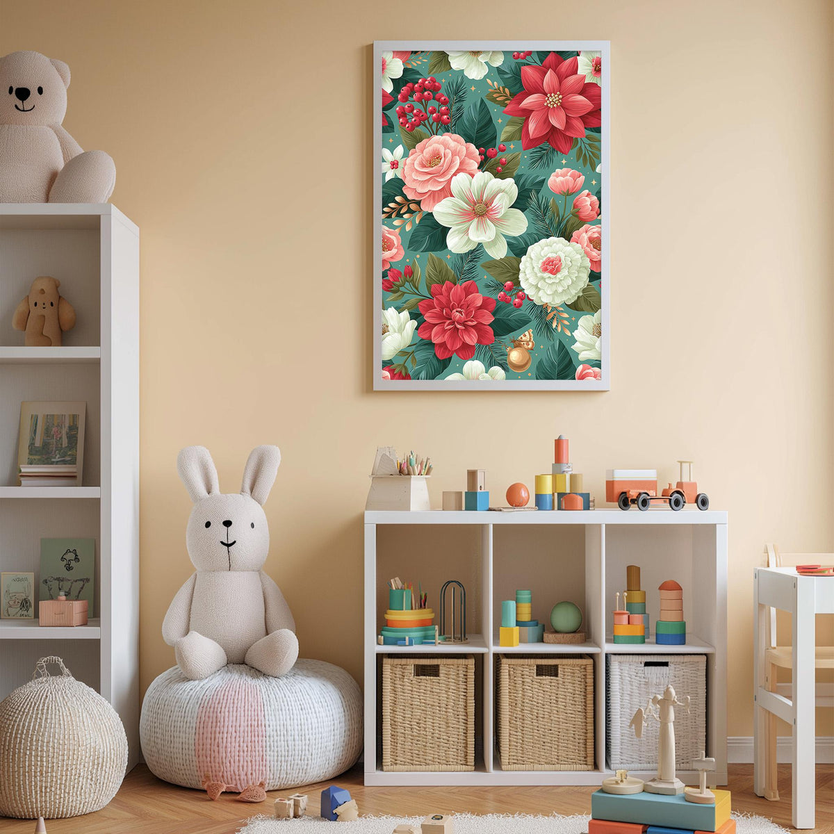 A cozy and colorful children's bedroom with a large floral print on the wall, a white bookshelf filled with toys, and a plush rabbit sitting on a bean bag chair.