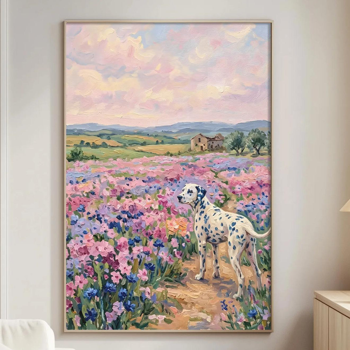 a large painting of a Dalmatian dog standing in a field of colorful flowers, with a picturesque landscape in the background.