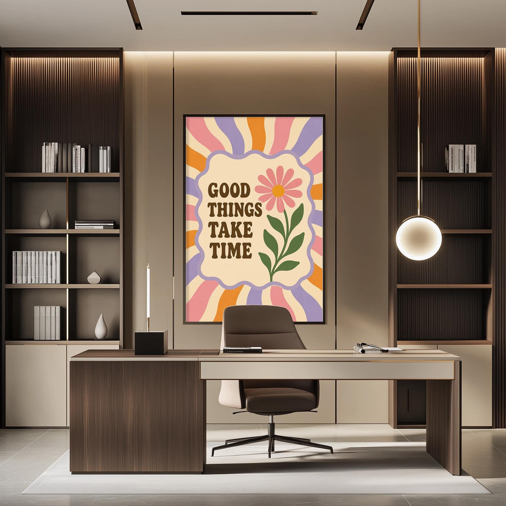 a modern office space with a large poster on the wall that reads "GOOD THINGS TAKE TIME". The office has a wooden desk, a chair, and a bookshelf filled with books. The overall design of the space is contemporary and minimalist.