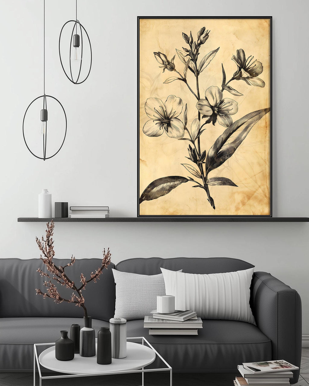 Vintage Botanical Print - Sepia Floral Wall Art Antique Flower Print for Living Room