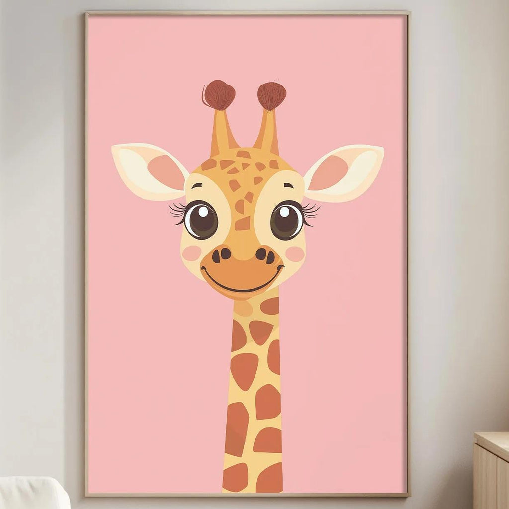 a giraffe with a pink background and a wooden frame, hanging on a wall in a living room.