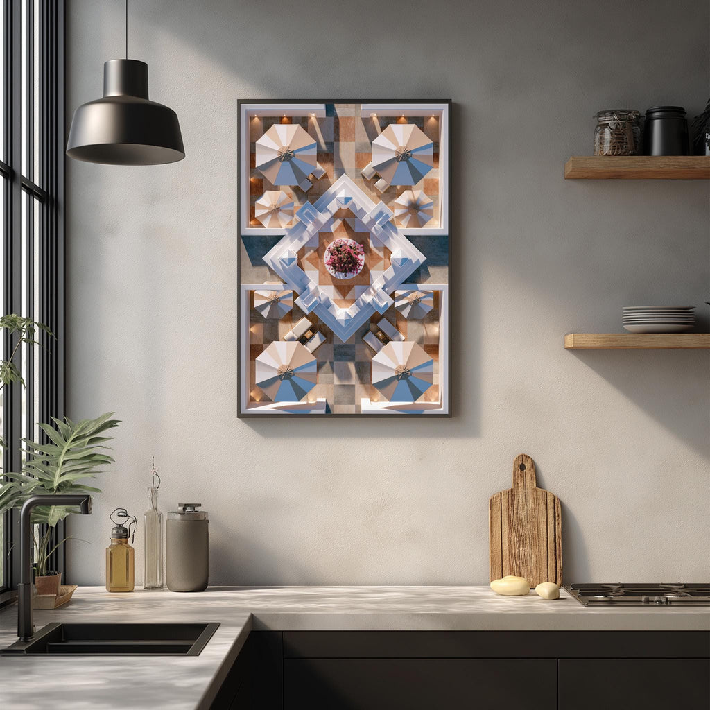 a modern kitchen with a large abstract painting hanging on the wall above a wooden cutting board and other kitchen items.