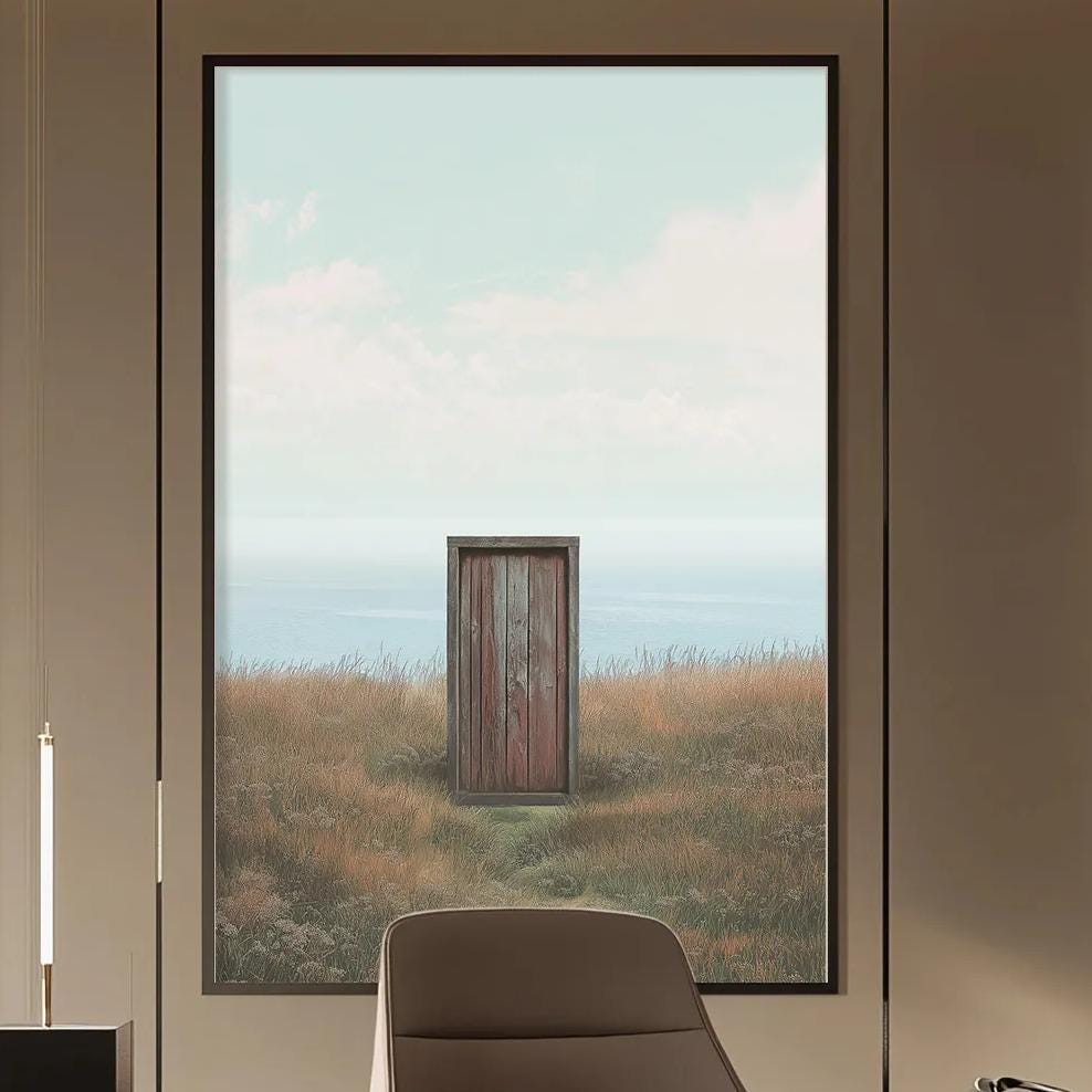 a modern and minimalist office space with a large window offering a view of a field. The office features a wooden desk, a comfortable chair, and a bookshelf filled with books and decorative items. The overall design and layout of the space create a calm and focused atmosphere.