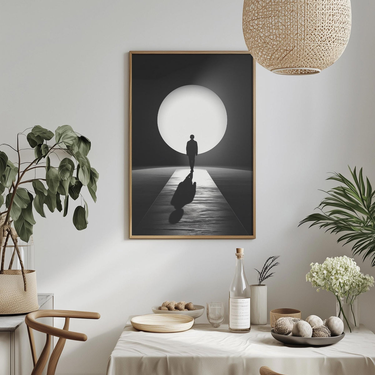 a minimalist dining room with a table set for two, a potted plant, a hanging light fixture, and a framed black and white photograph of a person walking on a path leading to a large light source.