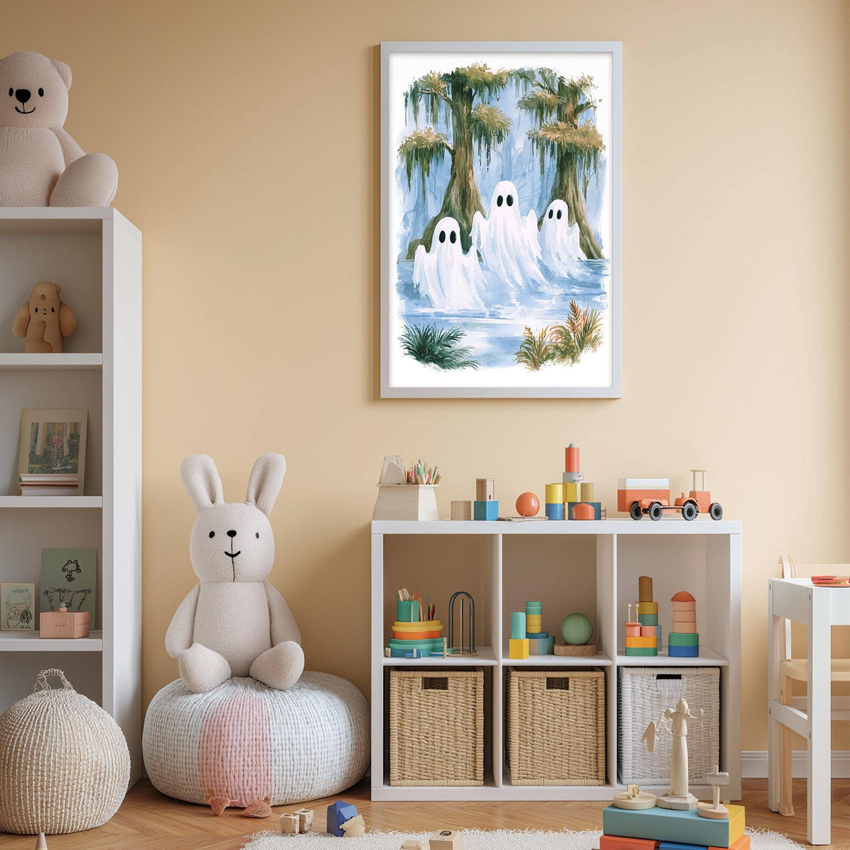 A cozy children's room with a teddy bear, a bunny, and a framed artwork depicting ghostly figures in a swampy landscape. The room also contains shelves filled with toys and storage bins, creating a playful and organized environment.