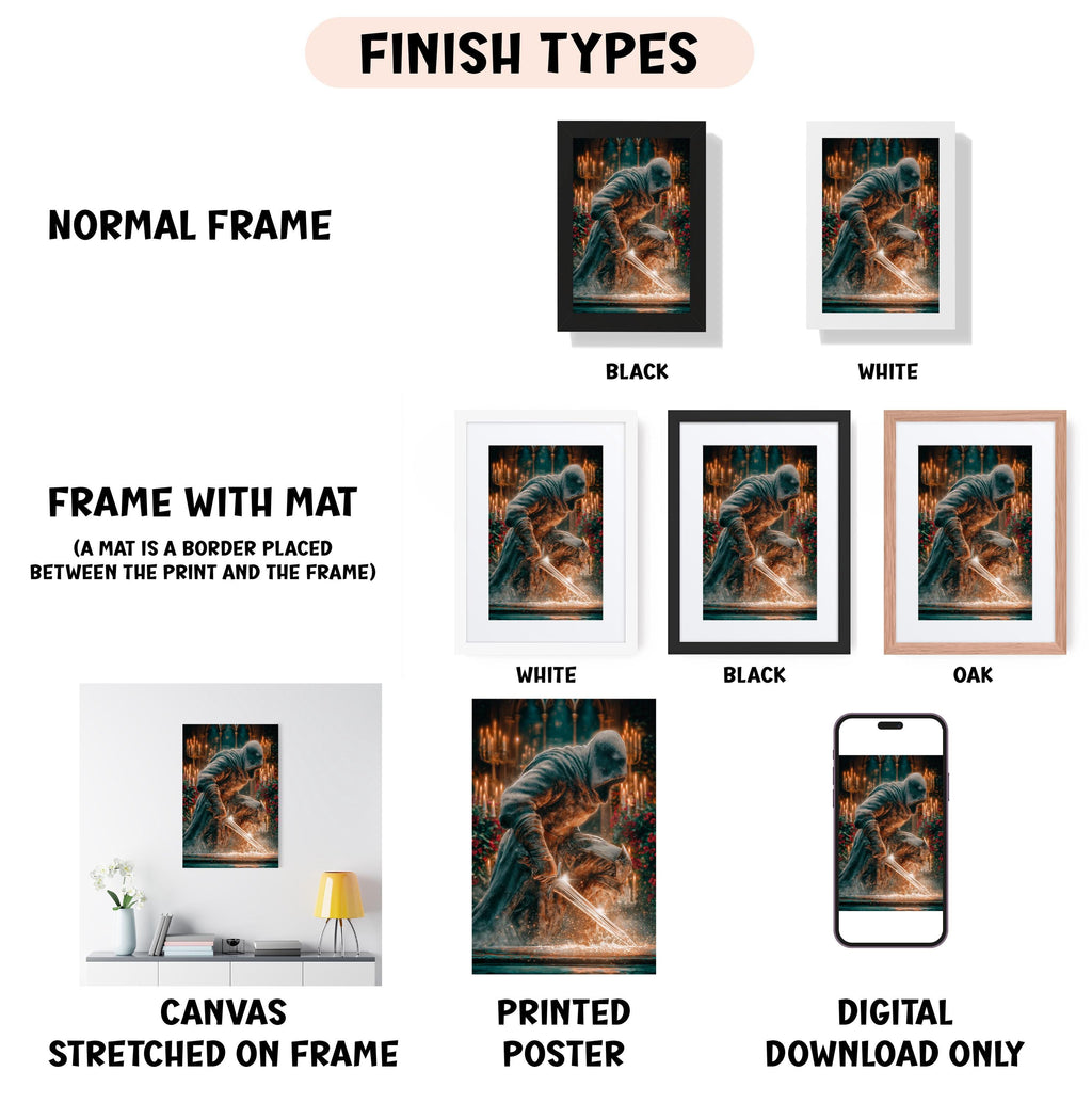 various types of artwork, including a normal frame, a frame with a mat, a white frame, a black frame, an oak frame, a white canvas stretched on a frame, a printed poster, and a digital download only.