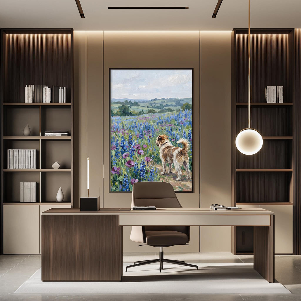a modern office space with a large painting of a field of flowers hanging on the wall. The painting is the focal point of the room, and the office features a desk, chair, and shelving units.