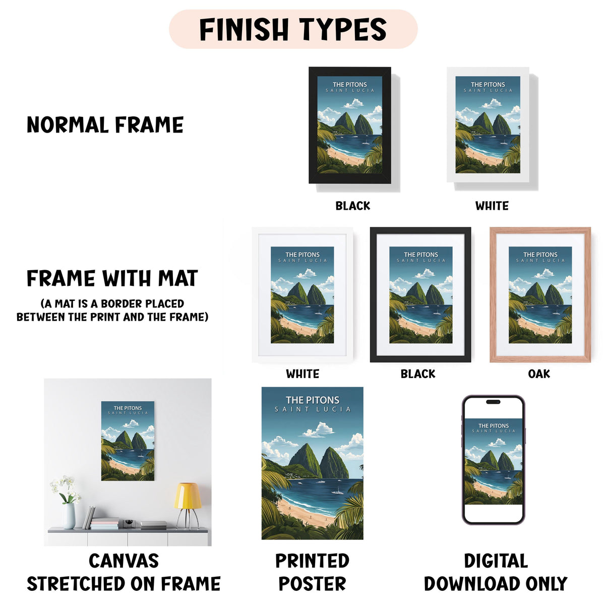 various finish types for a poster, including a normal frame, a black frame, a white frame, a black frame, an oak frame, a white frame, a black frame, and a digital download only. The poster features a tropical landscape with mountains, palm trees, and a body of water.