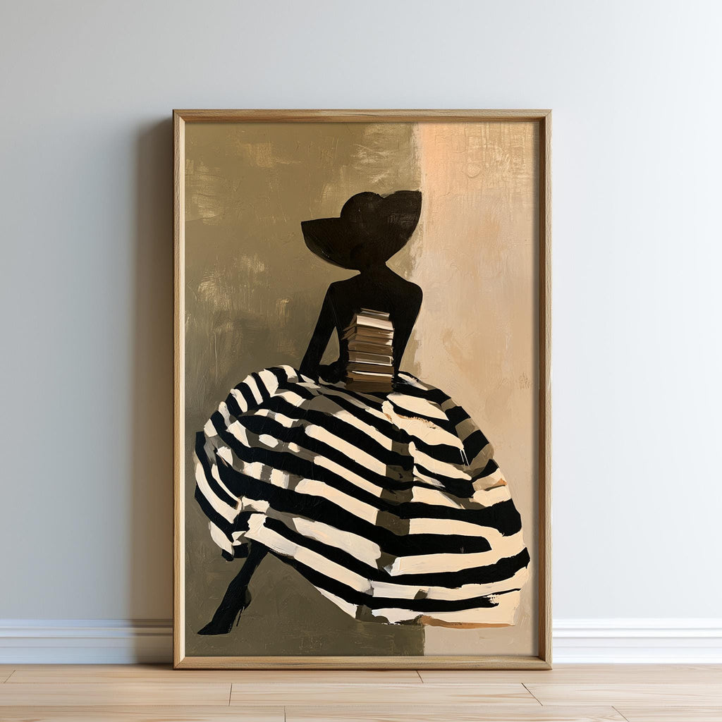 A framed painting depicting a woman wearing a large hat and a striped dress, sitting and holding a stack of books.