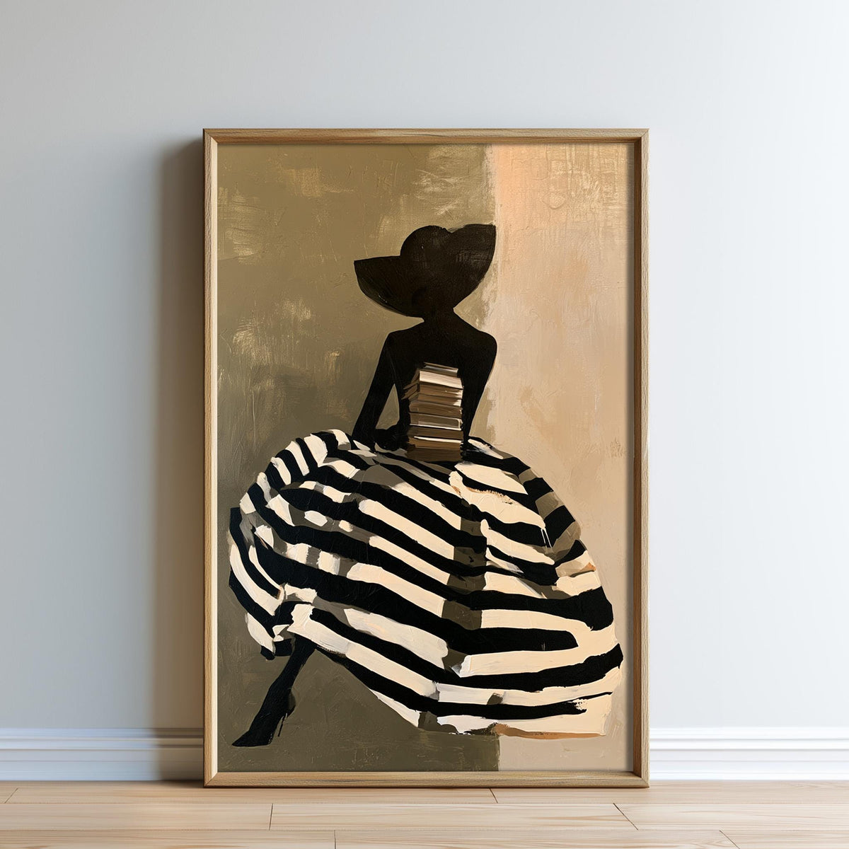 A framed painting depicting a woman wearing a large hat and a striped dress, sitting and holding a stack of books.