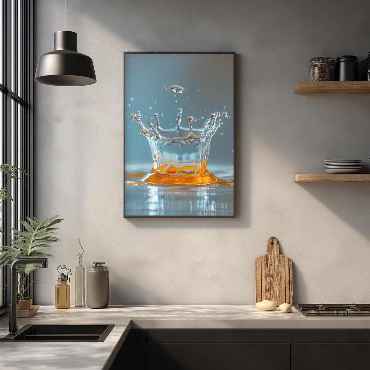 a framed photograph of a splash of orange liquid, possibly orange juice or a similar beverage, suspended in mid-air above a kitchen counter.