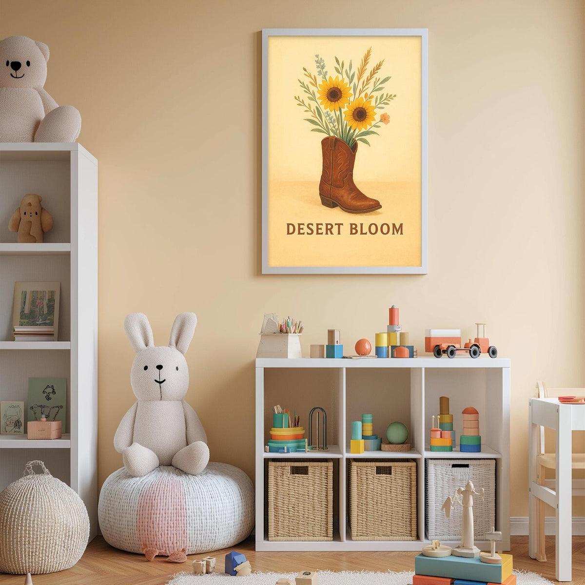 A child's bedroom with a white bookshelf, a stuffed rabbit, a toy train, and a framed poster of a desert bloom with a cowboy boot.