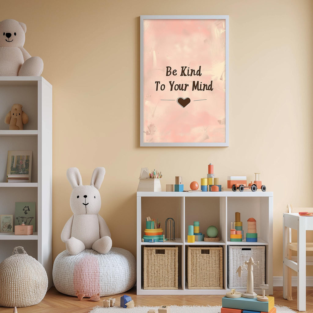 A child's bedroom with a stuffed rabbit, a bookshelf, and a toy chest. Above the bookshelf is a framed poster with the text "Be Kind To Your Mind" and a heart symbol.