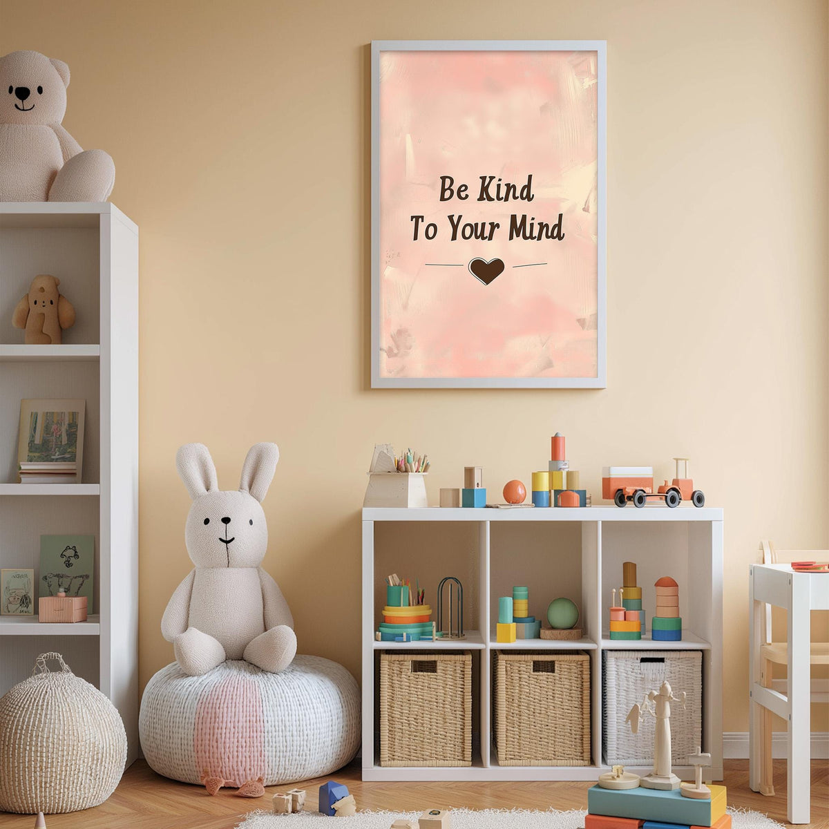 A child's bedroom with a stuffed rabbit, a bookshelf, and a toy chest. Above the bookshelf is a framed poster with the text "Be Kind To Your Mind" and a heart symbol.