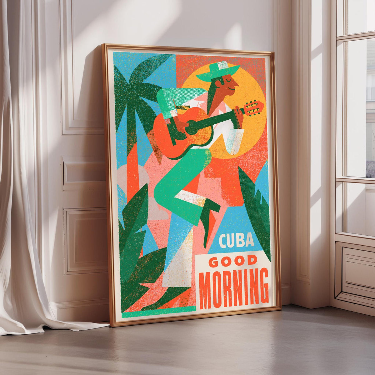 The image is a colorful poster featuring a man playing a guitar, surrounded by tropical elements such as palm trees and leaves. The poster has a vibrant and lively design, with bold colors and dynamic shapes.