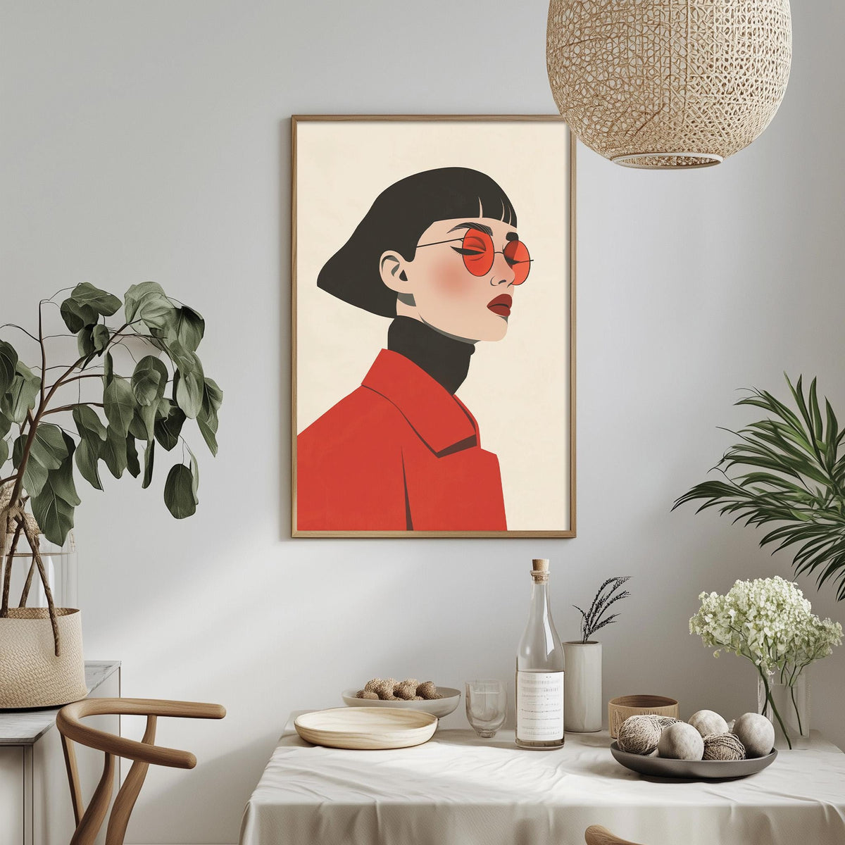 a framed illustration of a woman wearing a red coat and sunglasses, hanging on a wall above a dining table with various decorative items and plants.