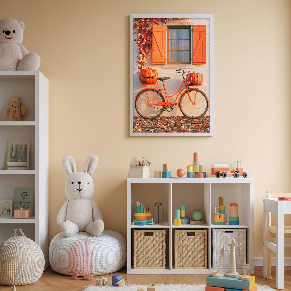 A cozy children's room with a white bookshelf, a stuffed rabbit, a bicycle, and a pumpkin decoration on the wall.