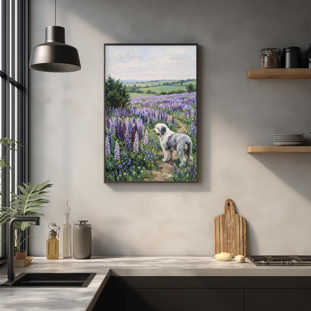a framed painting of a dog standing in a field of purple flowers, with a wooden cutting board and other kitchen items visible below the painting on a kitchen counter.
