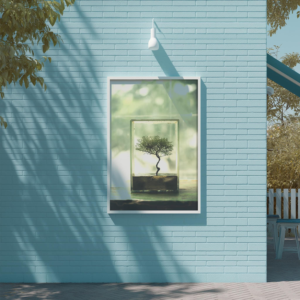 a small tree in a glass box, mounted on a blue brick wall.