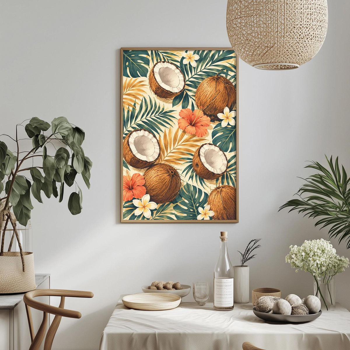 a dining table with a white tablecloth, a bowl of fruit, a bottle, and a vase with flowers. Above the table, there is a framed picture of tropical fruits and flowers hanging on the wall.