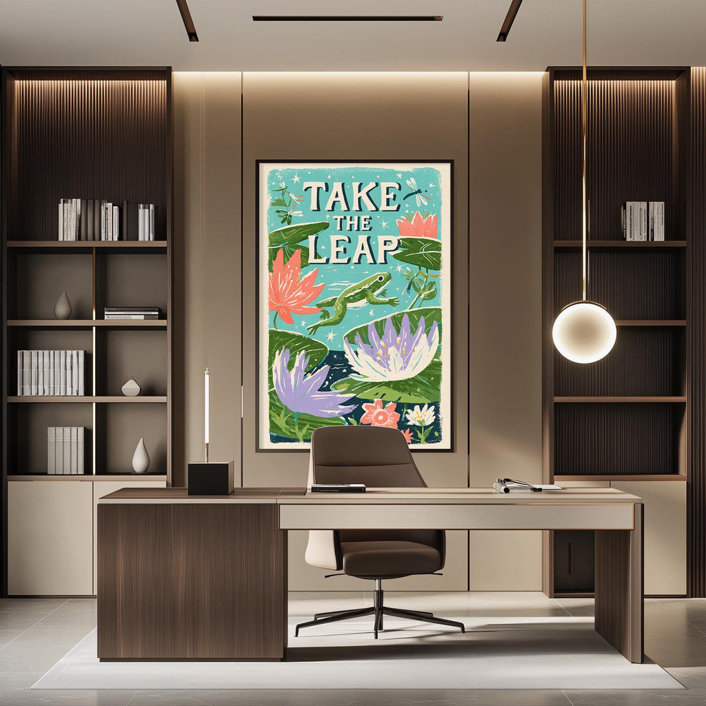 a modern office space with a large framed poster on the wall that says "TAKE THE LEAP". The office has a wooden desk, a chair, and a bookshelf filled with books. The overall design and decor create a professional and creative atmosphere.