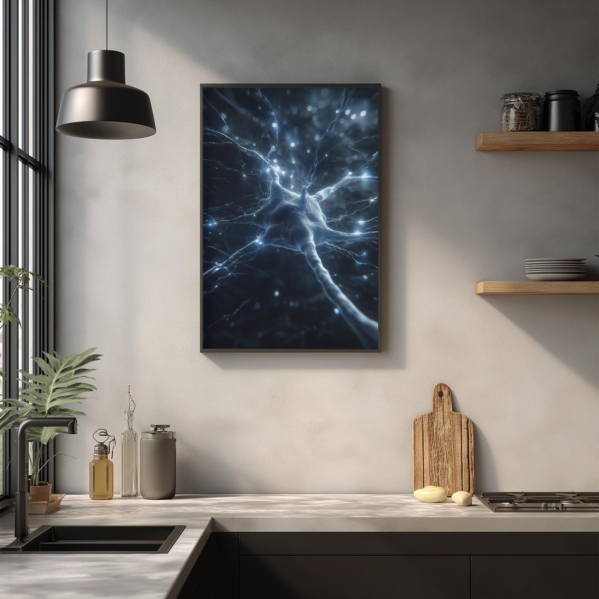 a modern kitchen with a large framed artwork of a brain on the wall, a wooden cutting board, and various kitchen items such as a sink, a bottle, and a vase.