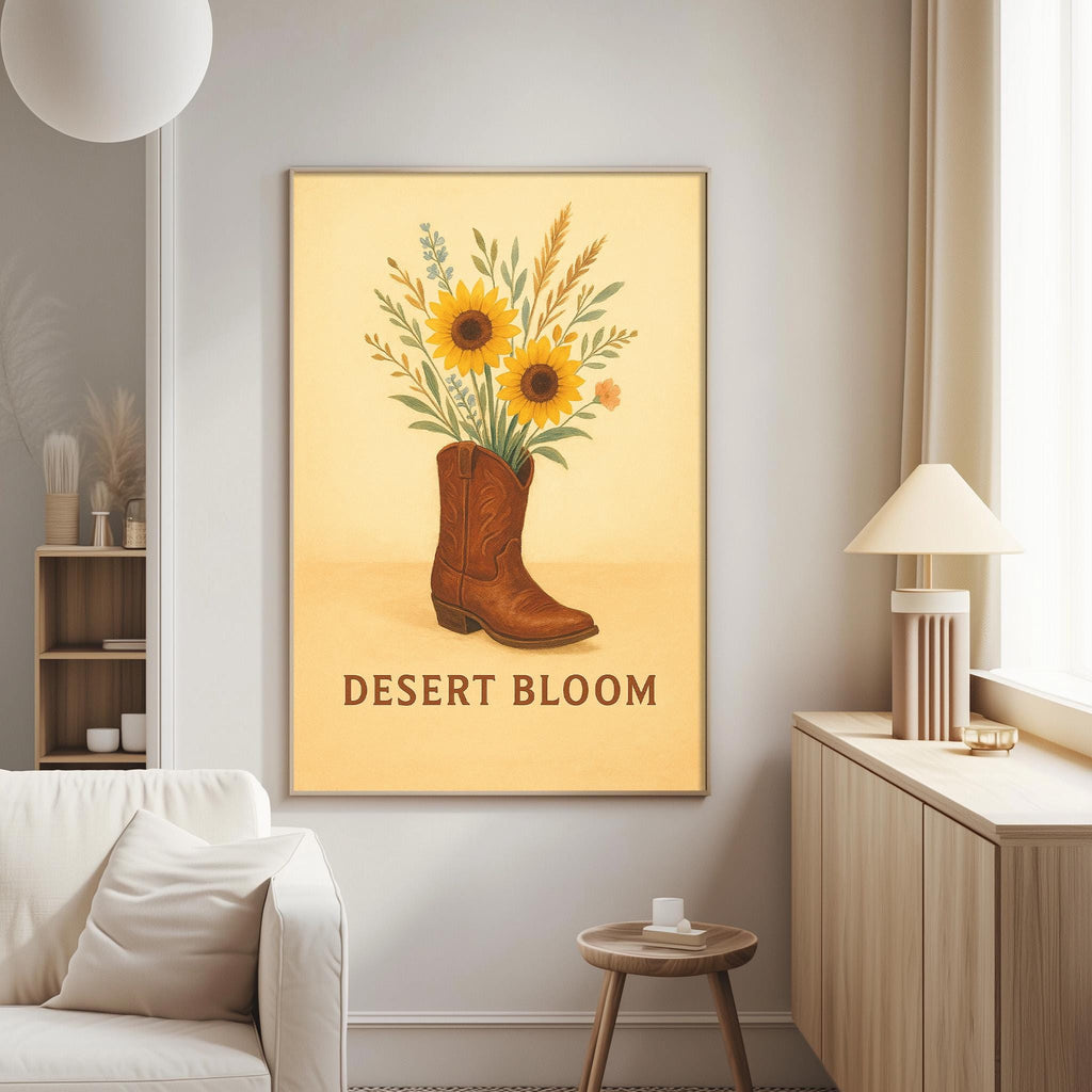 a framed poster of a brown cowboy boot filled with sunflowers and greenery, hanging on a wall in a living room.