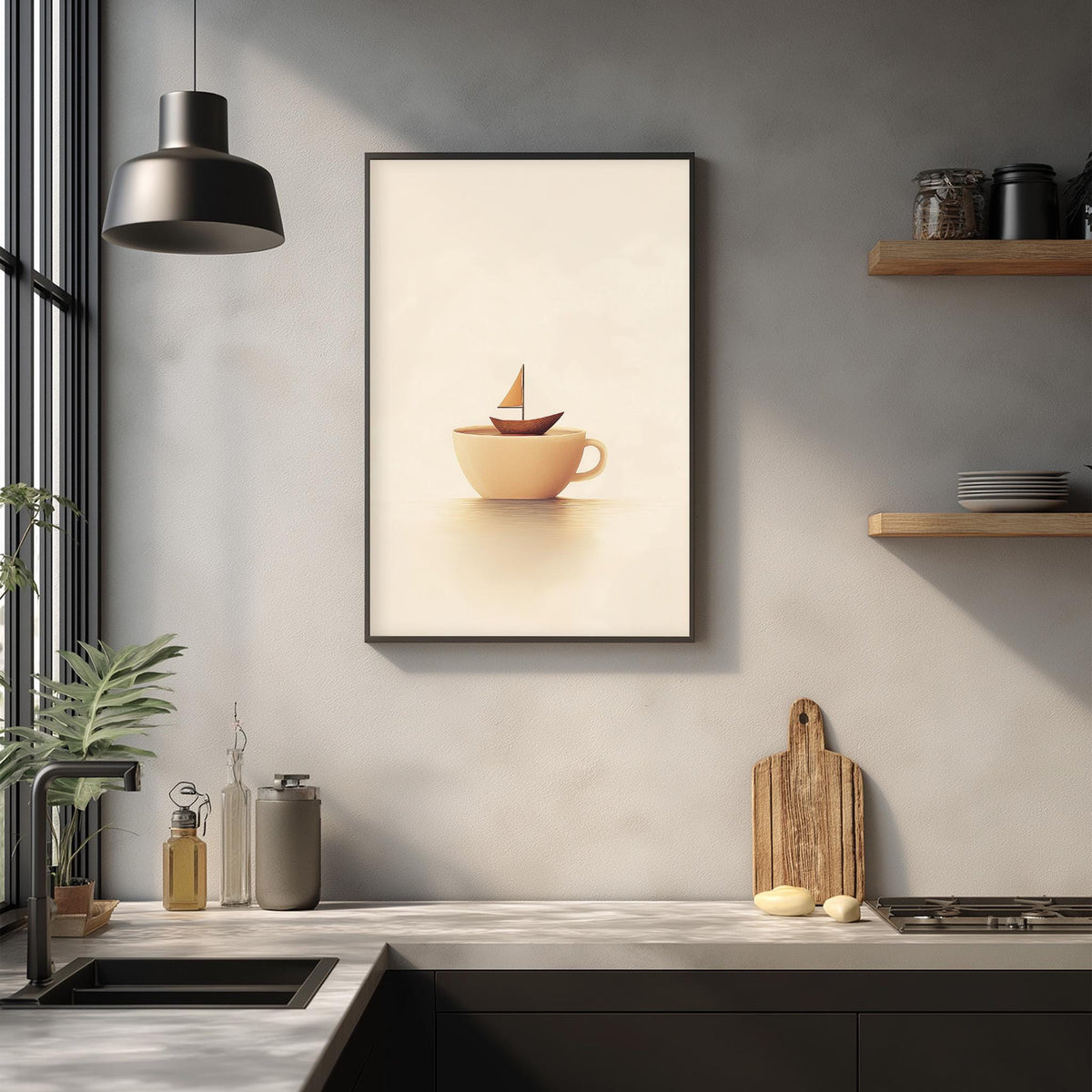a kitchen counter with various items, including a framed picture of a cup with a small sailboat, a wooden cutting board, and a potted plant.