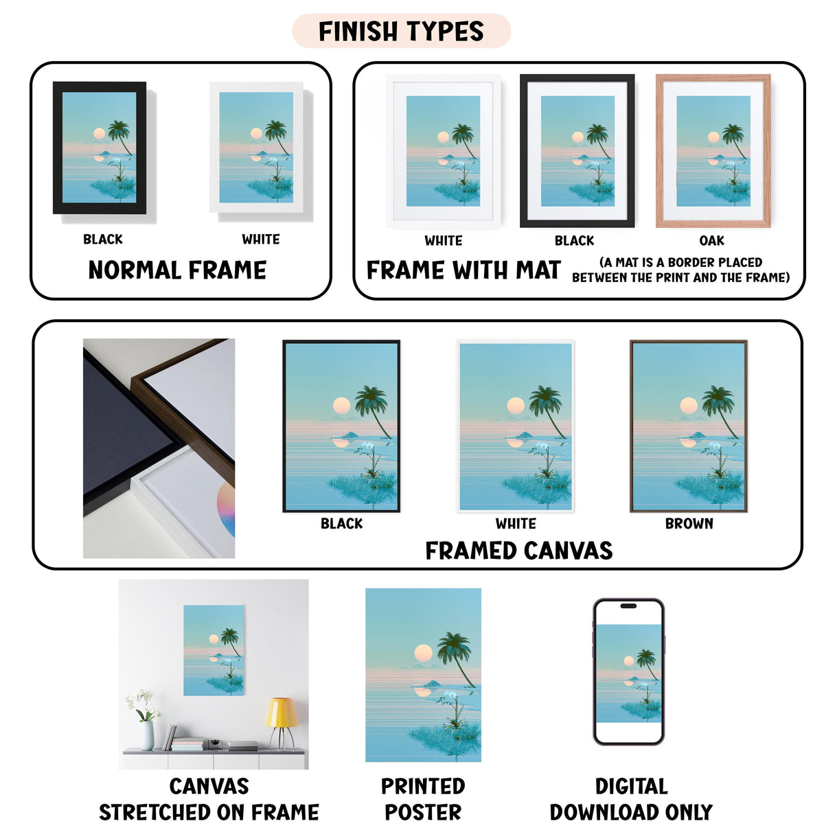 various types of artwork, including paintings, framed prints, and digital art, each with different finishes and frame styles.