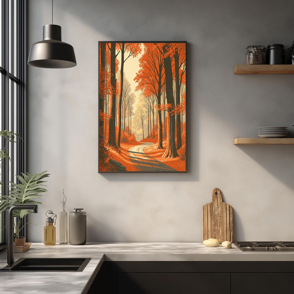 a kitchen counter with a framed painting of a forest path hanging above it. The painting has a warm, orange and red color scheme, creating a cozy and inviting atmosphere. The kitchen counter is equipped with various items, including a cutting board, a sink, and a few bottles. The overall scene conveys a sense of warmth and comfort, with the painting serving as a focal point in the space.