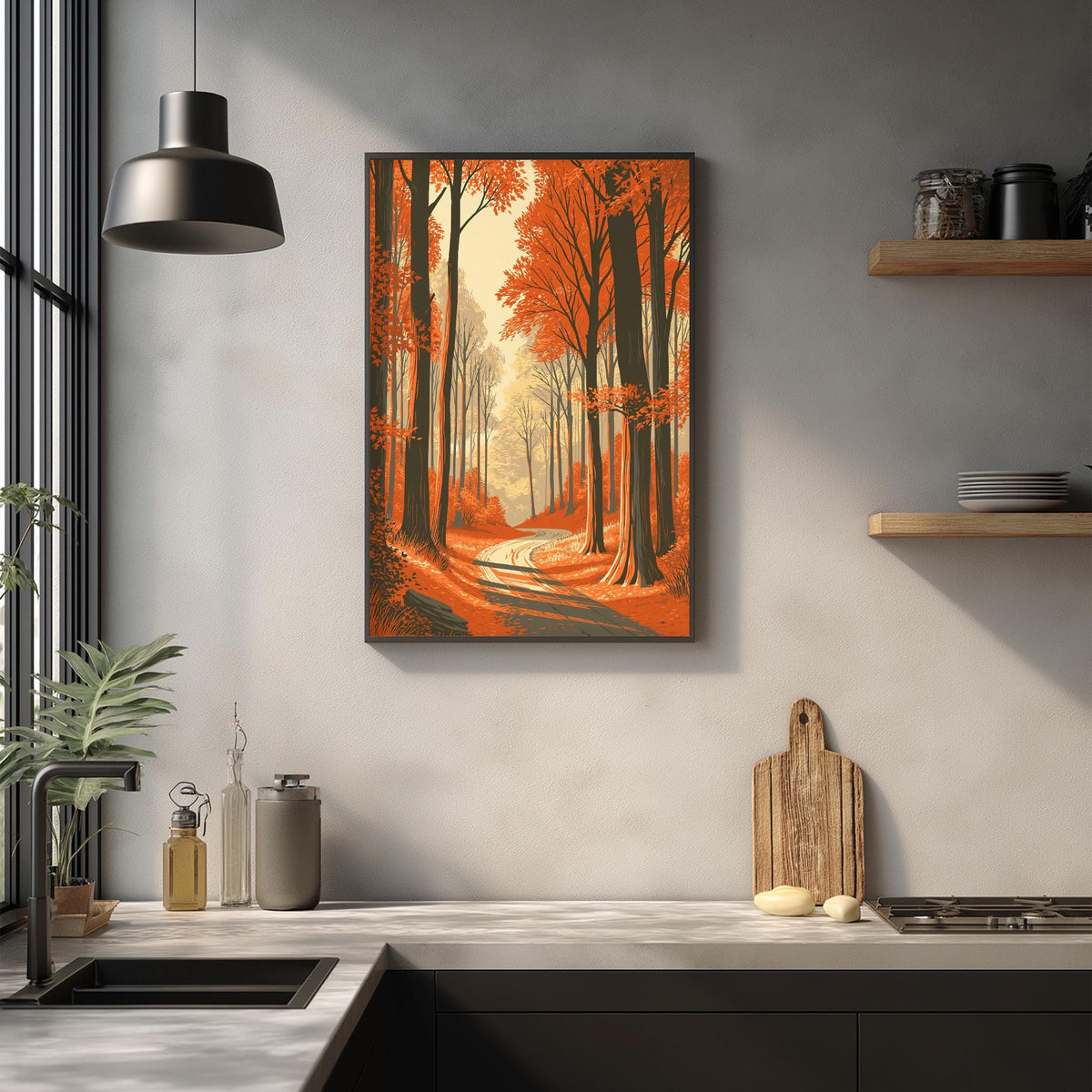 a kitchen counter with a framed painting of a forest path hanging above it. The painting has a warm, orange and red color scheme, creating a cozy and inviting atmosphere. The kitchen counter is equipped with various items, including a cutting board, a sink, and a few bottles. The overall scene conveys a sense of warmth and comfort, with the painting serving as a focal point in the space.