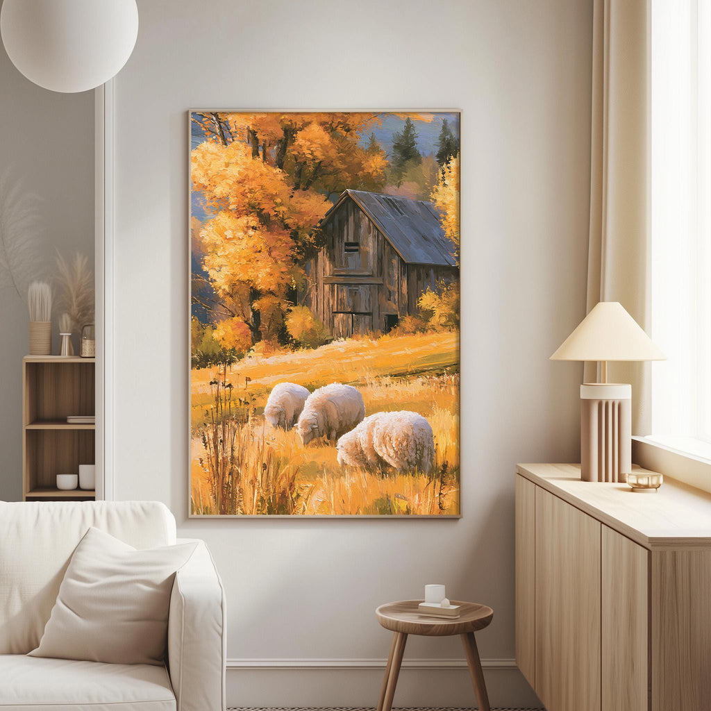 a serene rural scene with a wooden barn and sheep grazing in a field of golden grass.