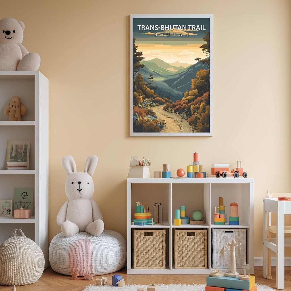 A child's bedroom with a large poster of a mountain trail in Bhutan hanging on the wall, a white bookshelf filled with toys, and a stuffed rabbit sitting on a pillow.